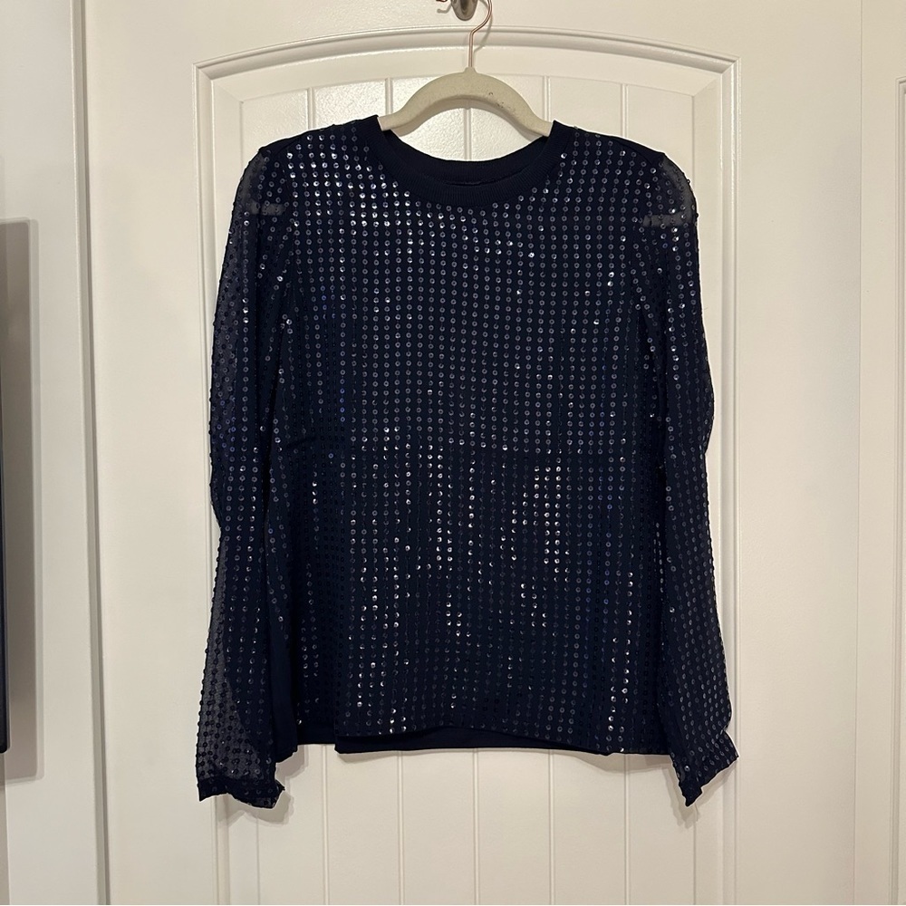 NWT Donna Karan sequin long sleeve blouse sheer sleeves in indigo sunset, S - Picture 2 of 13